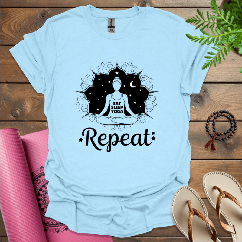 eat sleep yoga repeat t shirt light blue