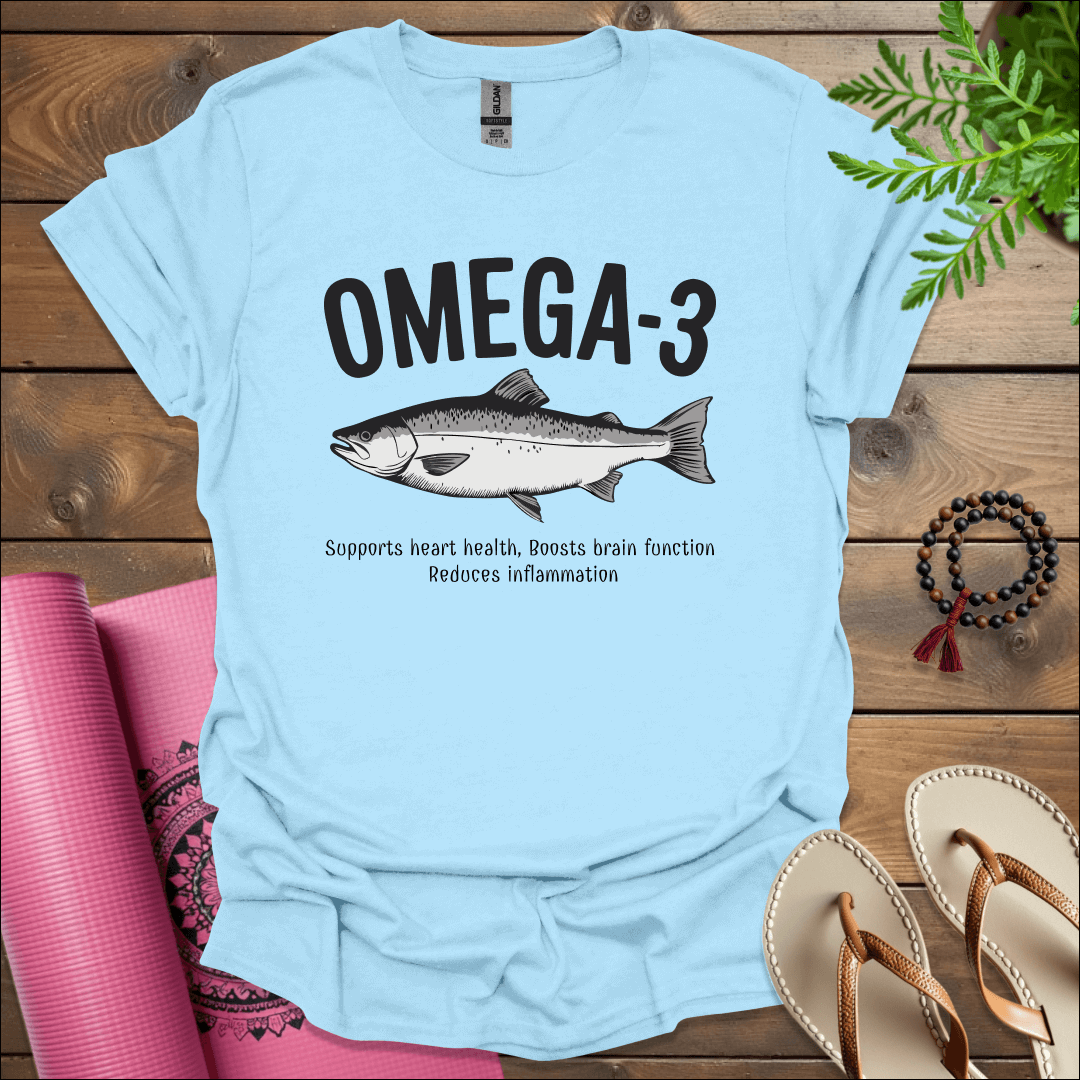 omega 3 supports heart health ‘boosts brain function and ‘reduces inflammation t shirt light blue