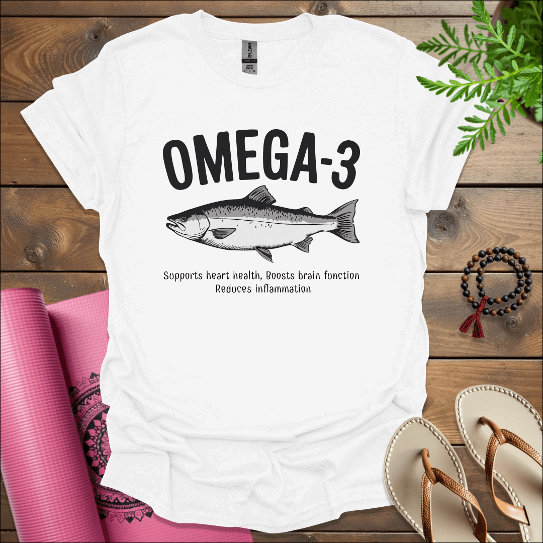 omega 3 supports heart health ‘boosts brain function and ‘reduces inflammation t shirt white