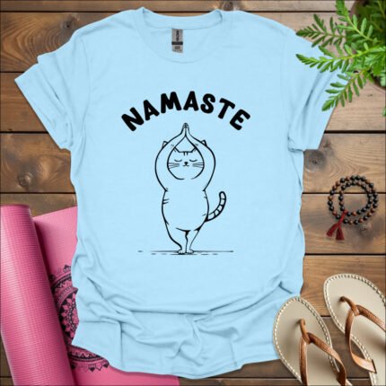 namaste cat t shirt light blue